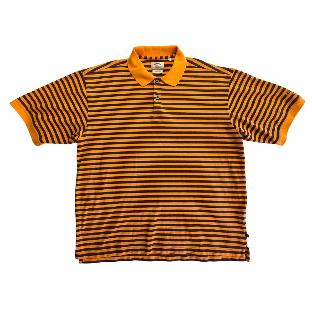 Callaway Golf Sport Mens XL Orange Navy Blue Striped Cotton Polo Shirt Short Slv